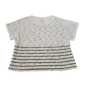 Sundance Womens XL Ivory Lace Striped Short Sleeve Boxy Crew Neck Top Floral